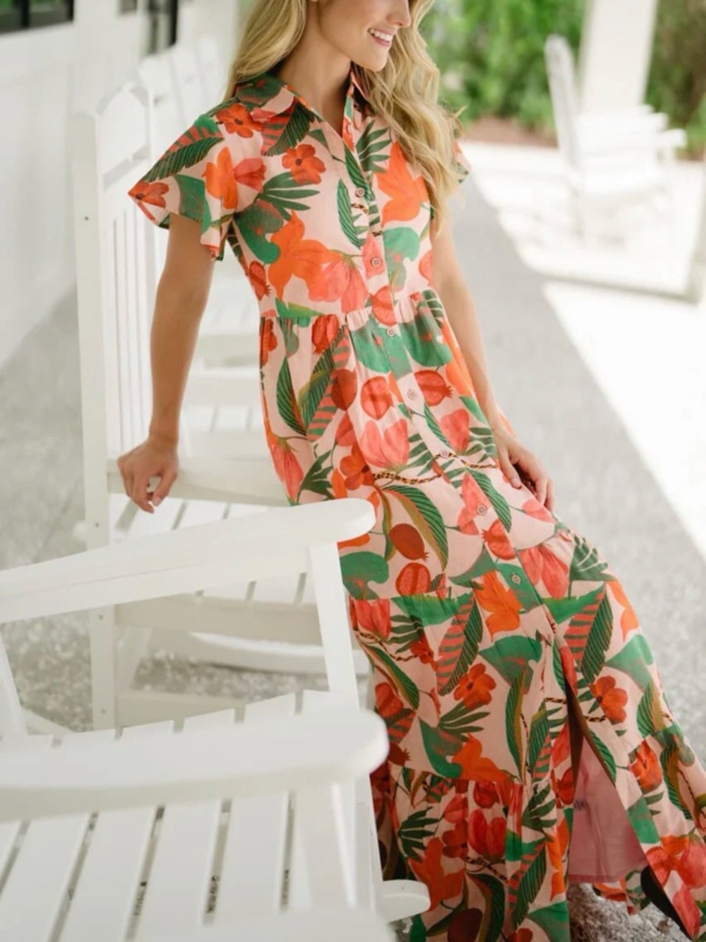 Briton Court Frenchi Maxi Dress Floral Viscose Coral Green Size Medium NWT - Picture 3 of 12